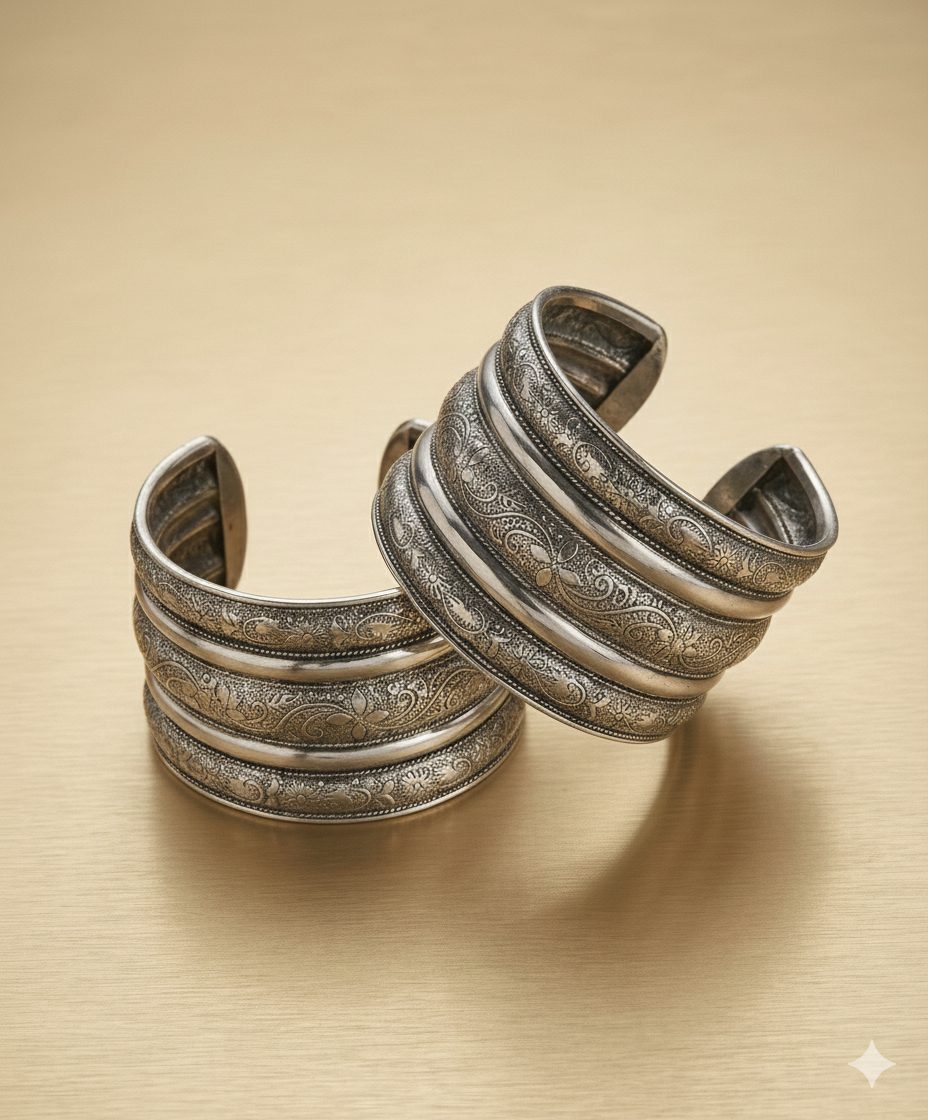 Handcrafted engraved oxidised silver cuff bracelet with intricate detailing on neutral background
