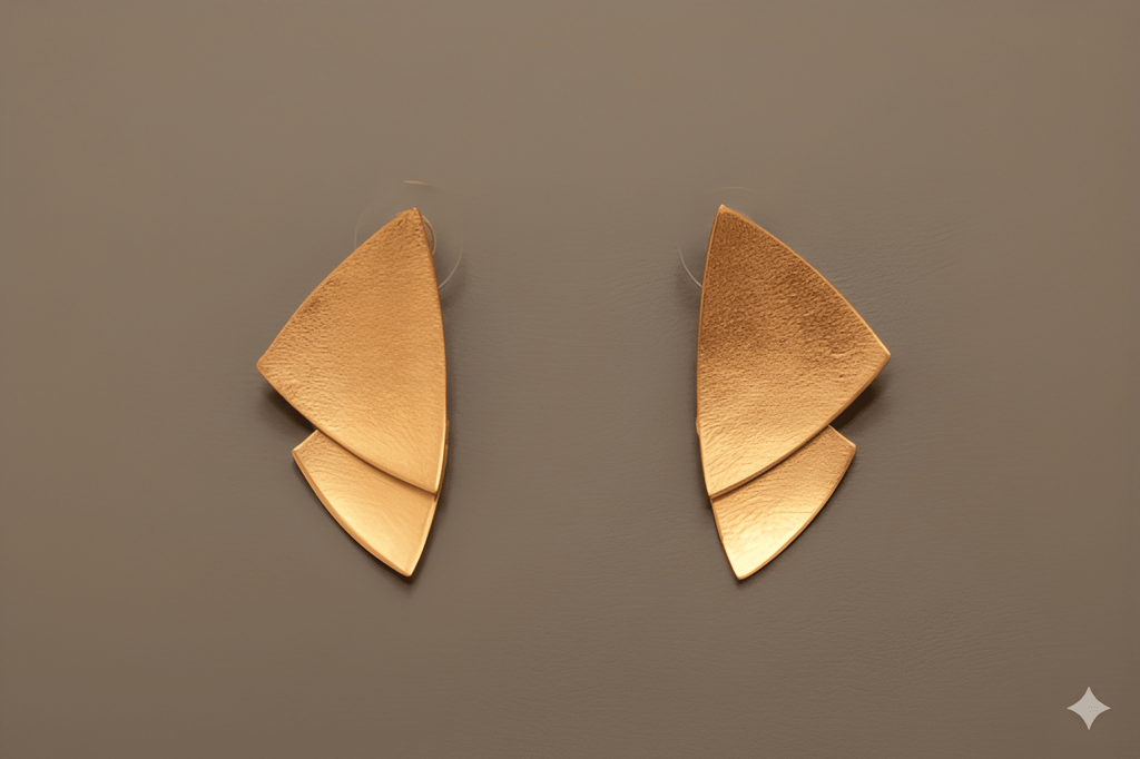 Leaf stud earrings in matte gold finish with layered design
