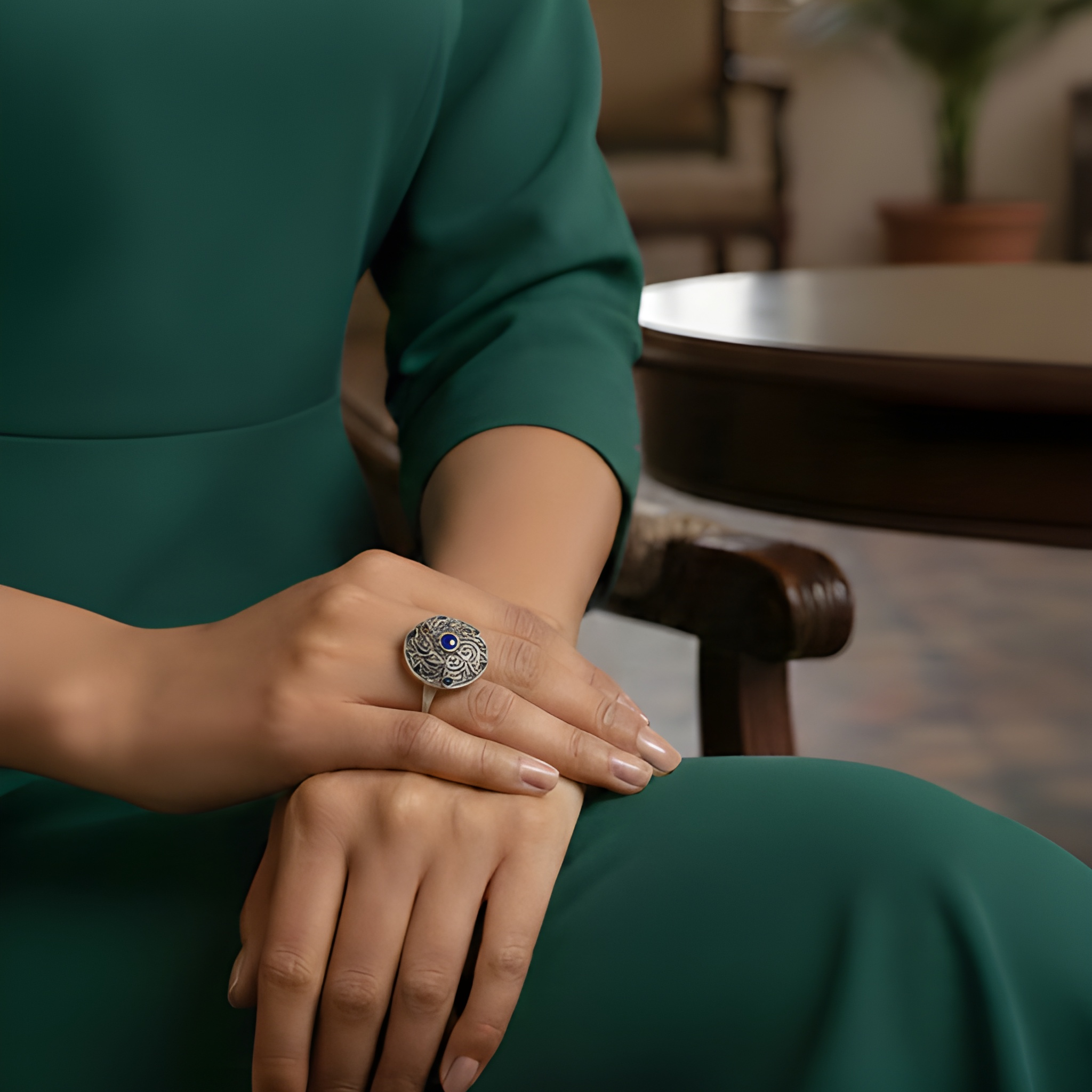 Handcrafted mandala statement ring worn by model for elegant ethnic styling