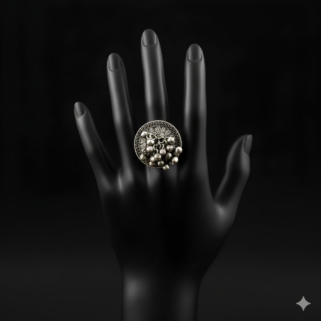 Handcrafted ghungroo medallion oxidised silver statement ring displayed on black hand