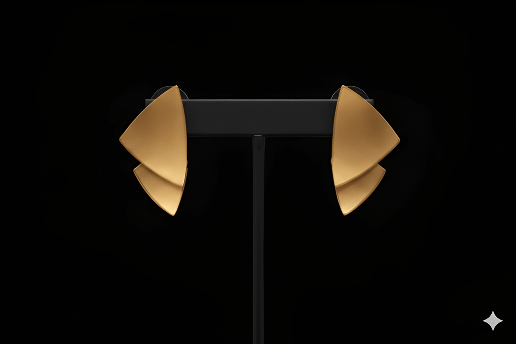 Leaf stud gold earrings displayed on black jewellery stand
