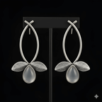 Silver leaf drop earrings displayed on black stand
