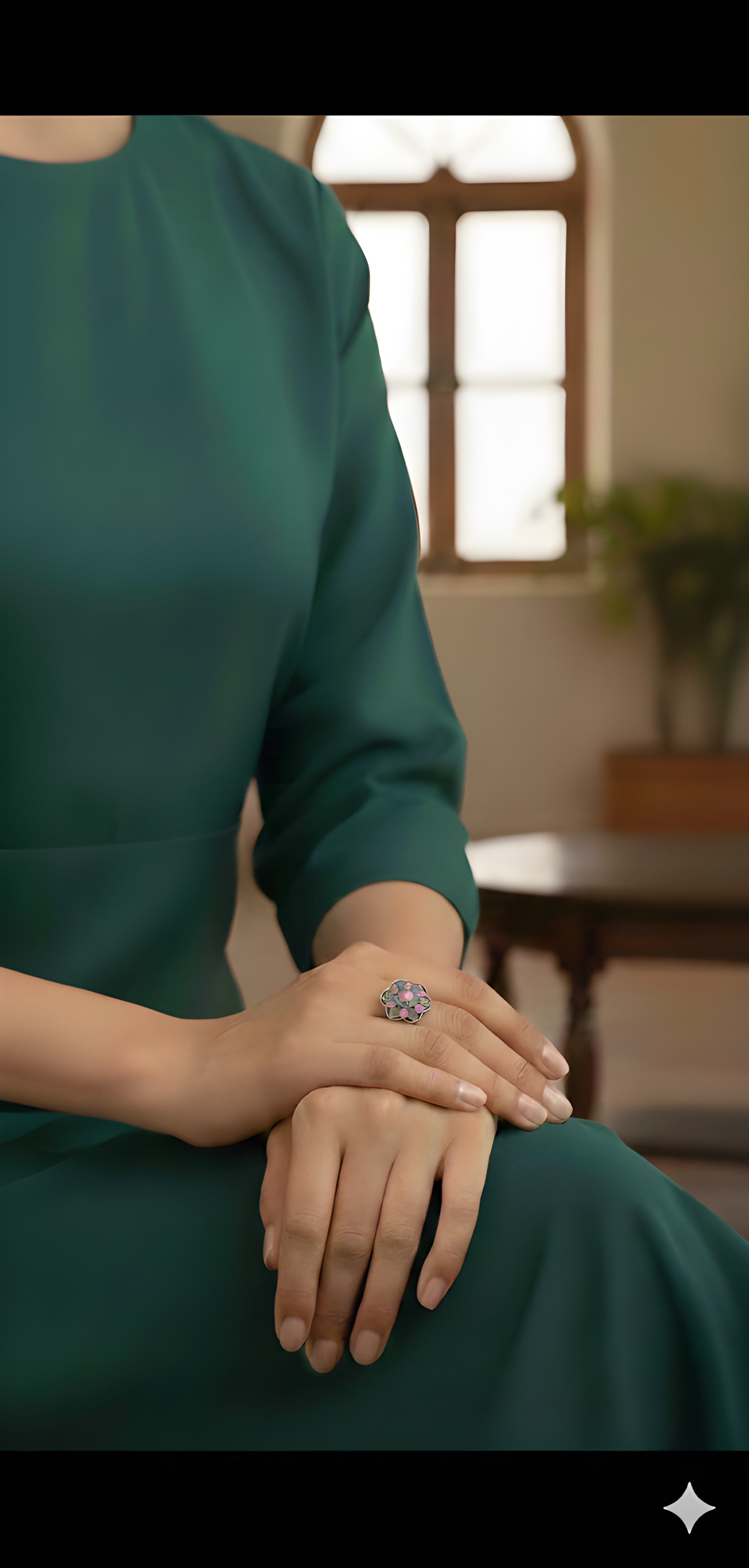 Handcrafted mandala statement ring worn by model for elegant ethnic styling