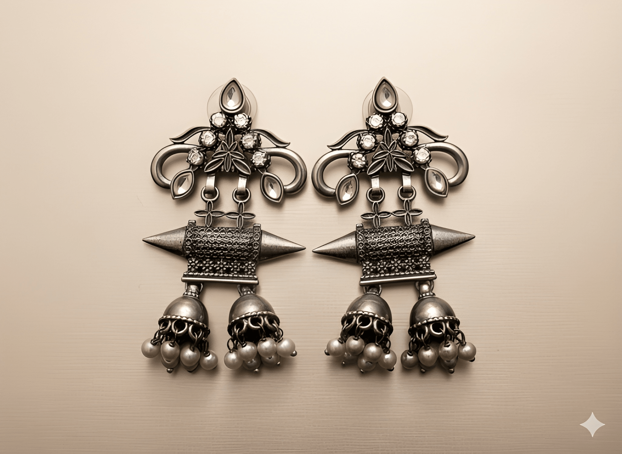 Spiral drop oxidised jhumka earrings with ribbed design and pearl detailing
