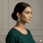 Woman wearing star crescent oxidised silver dangler earrings
