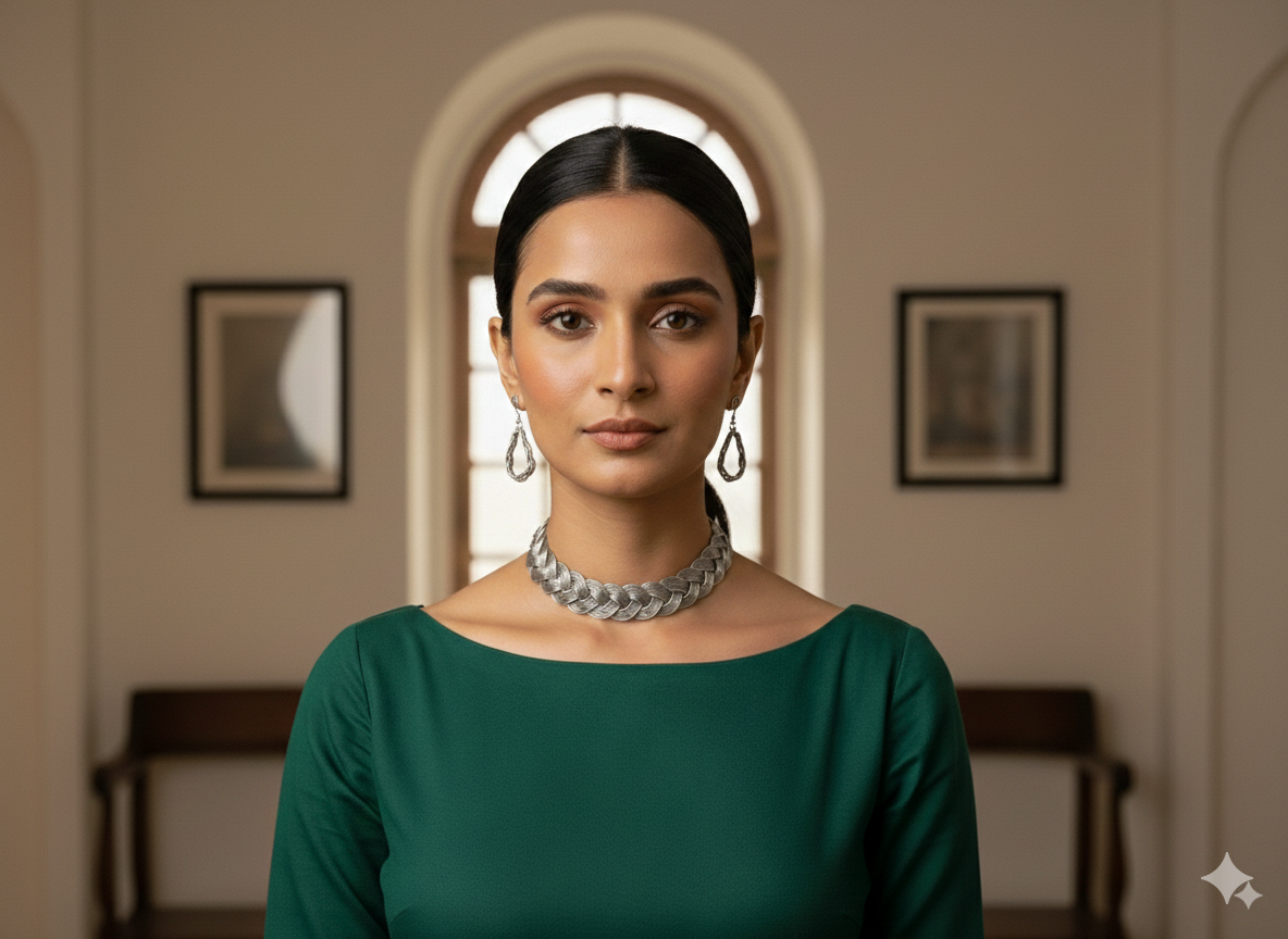 Detailed view of handcrafted oxidised silver braided hasli set with earrings displayed on bust stand
