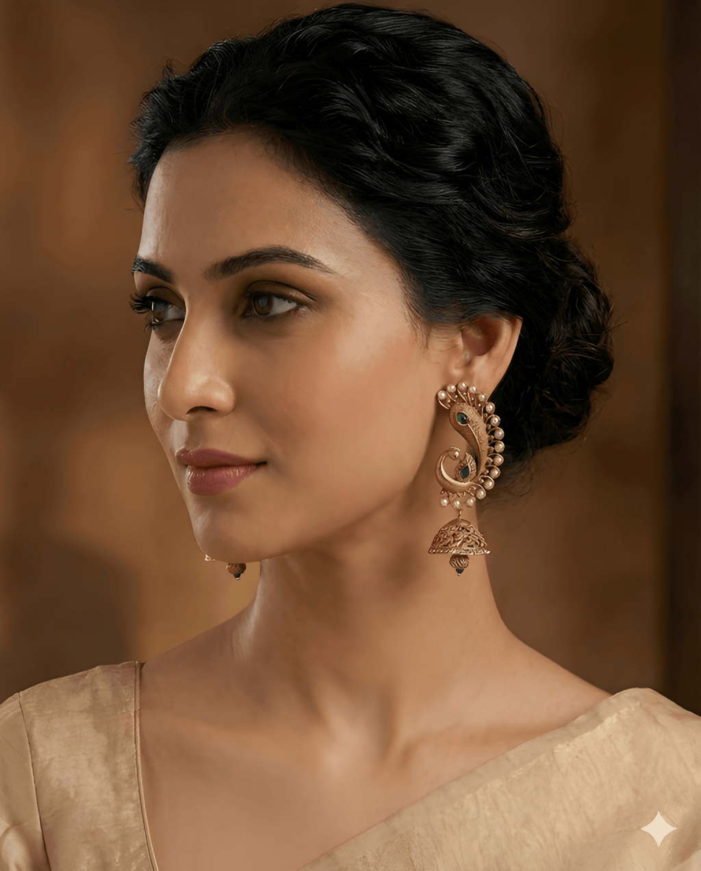 Woman wearing peacock jhumka earrings
