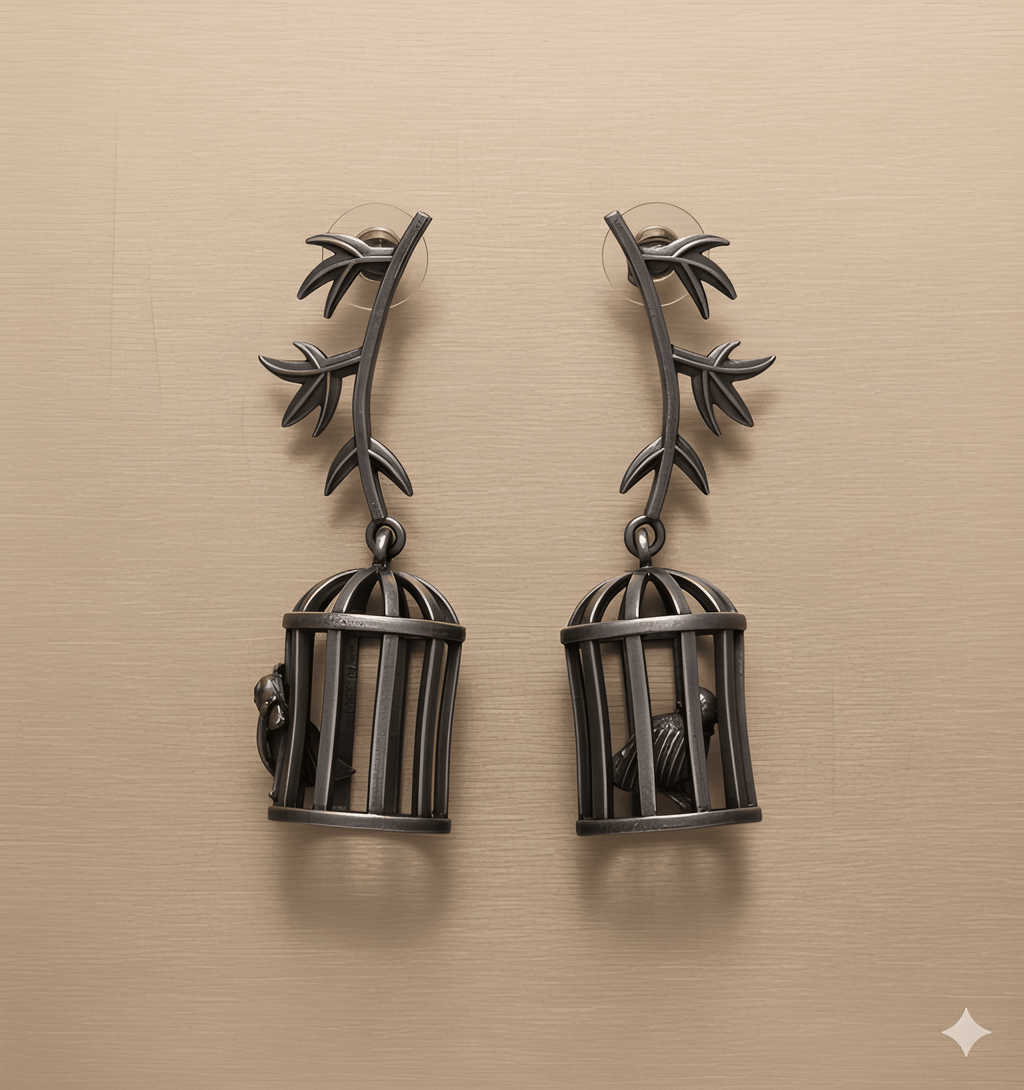 Birdcage drop earrings with vine stem and leaf detailing

