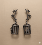 Birdcage drop earrings with vine stem and leaf detailing
