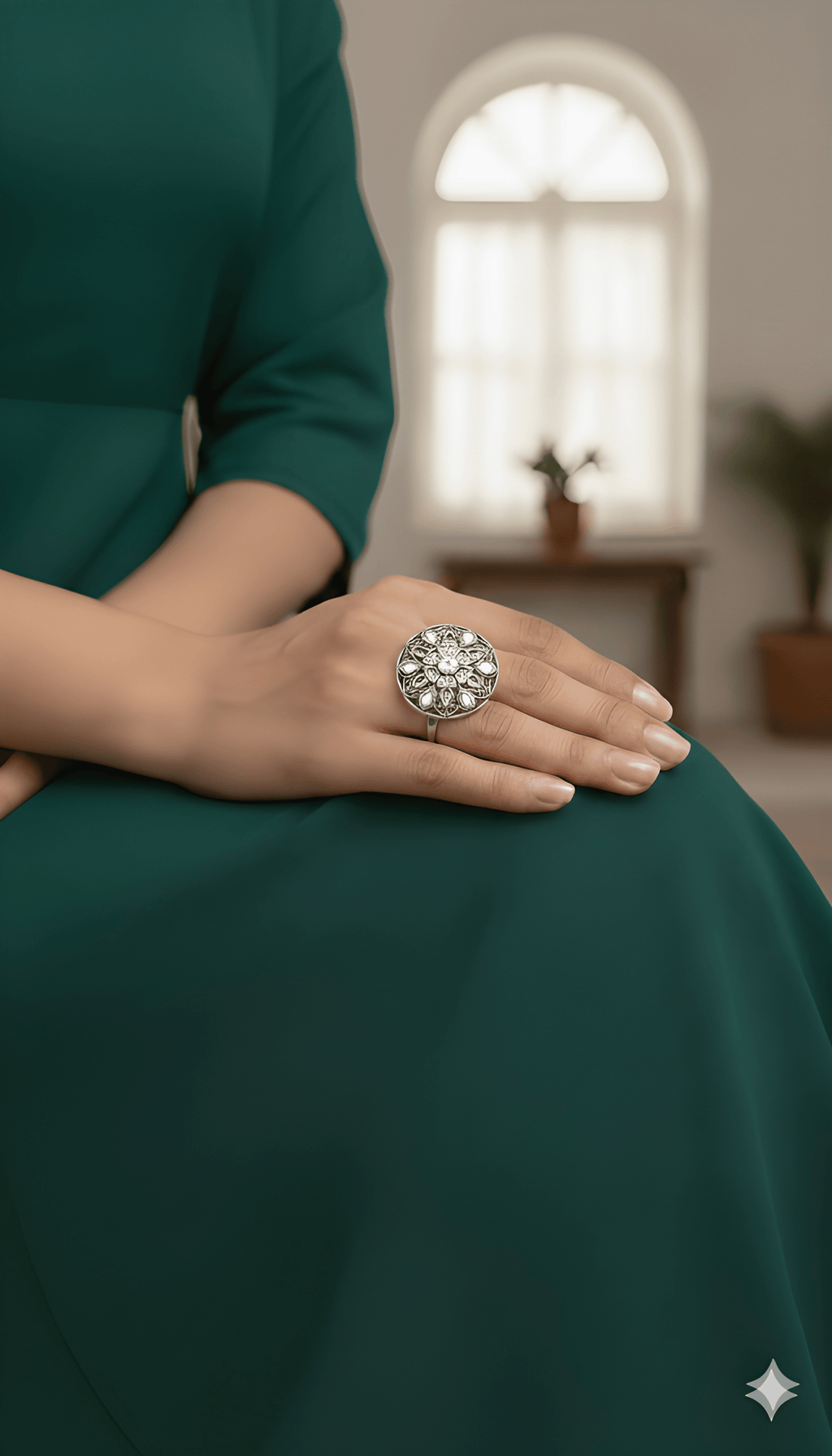 Handcrafted mandala statement ring worn by model for elegant ethnic styling