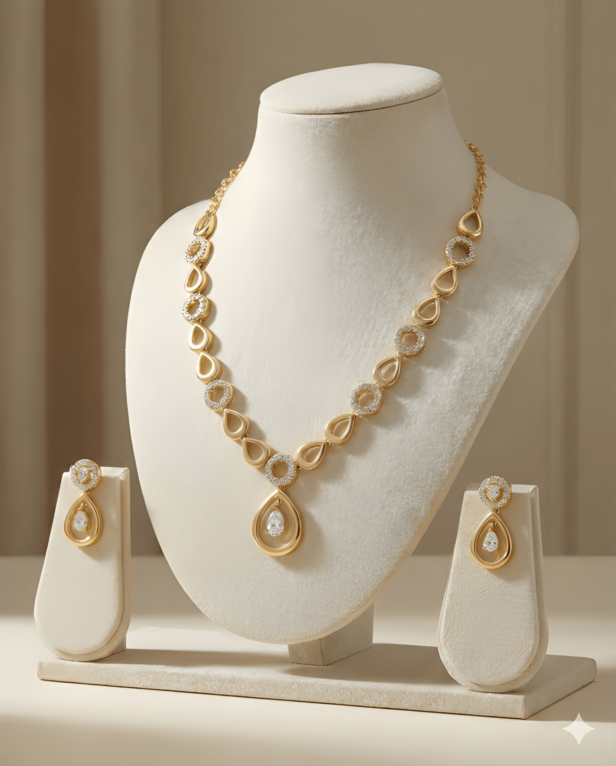 Gold pear and crystal halo necklace set on ivory bust stand