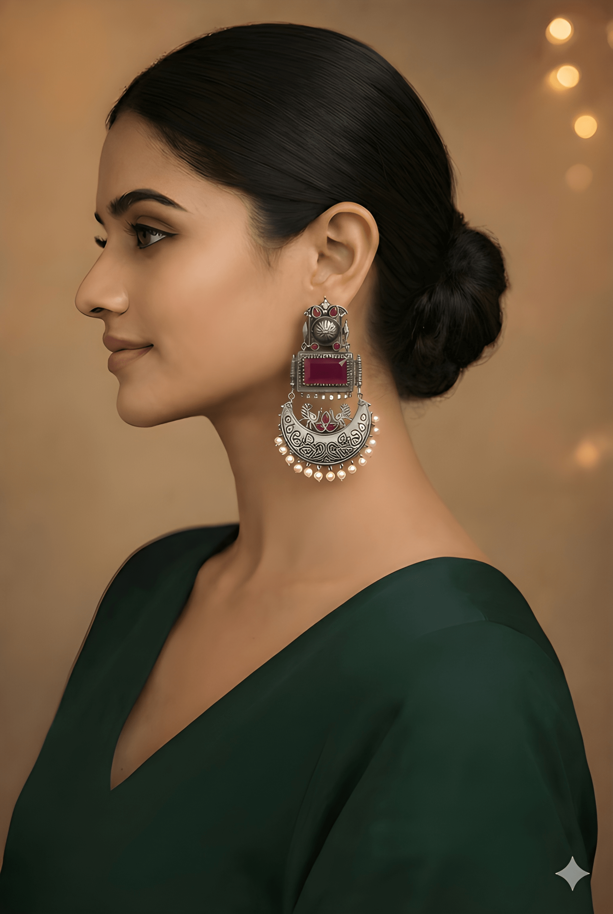 Woman wearing Monalisa stone silver statement earrings | Color: Maroon
