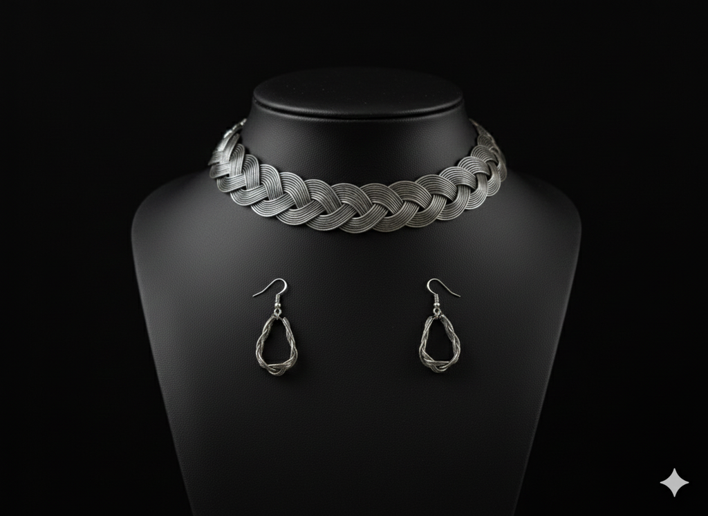 Detailed view of handcrafted oxidised silver braided hasli set with earrings displayed on bust stand
