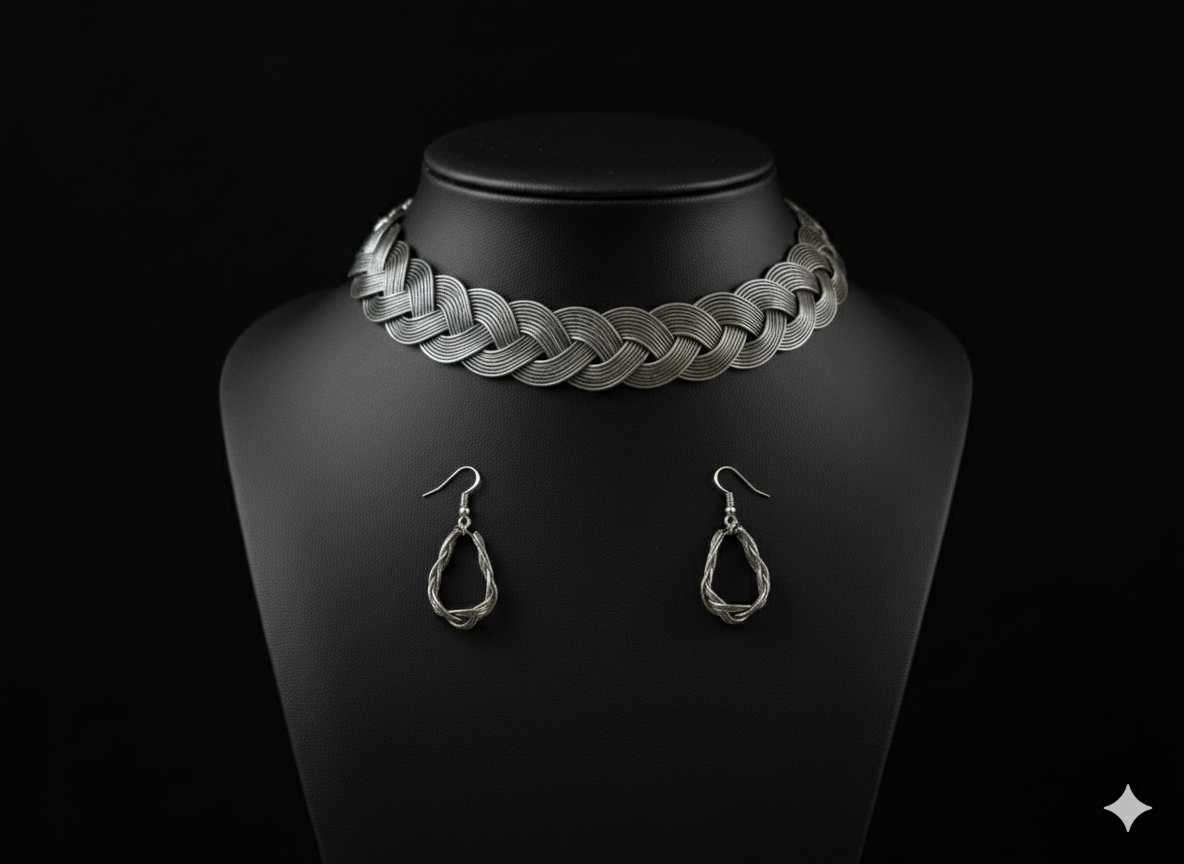 Detailed view of handcrafted oxidised silver braided hasli set with earrings displayed on bust stand
