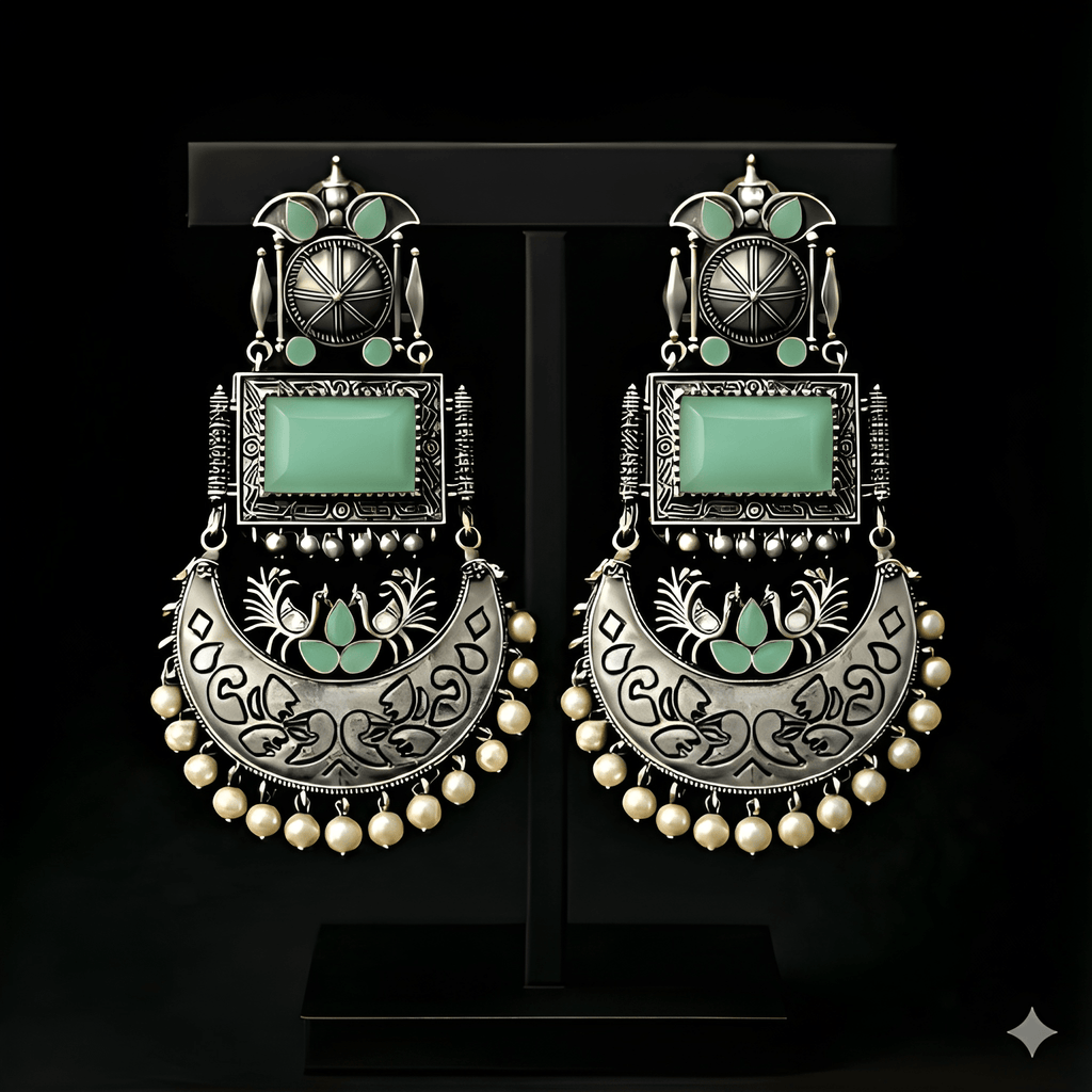 Monalisa stone oxidised silver earrings displayed on black stand | Color: Maroon
