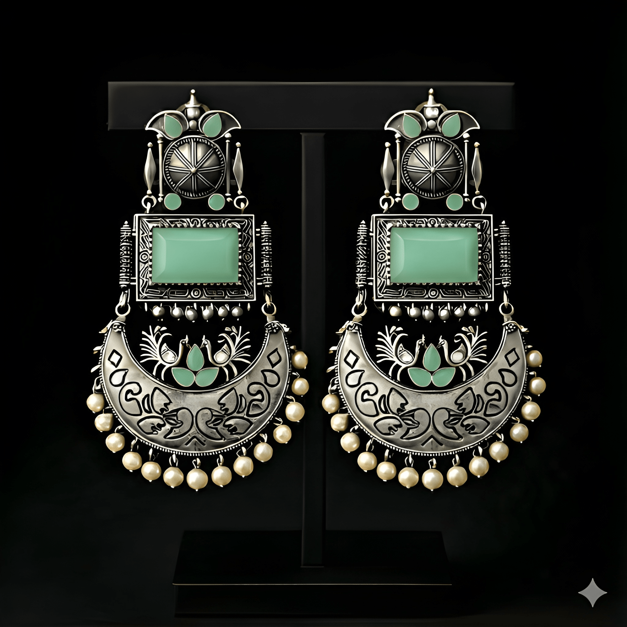 Monalisa stone oxidised silver earrings displayed on black stand | Color: Maroon
