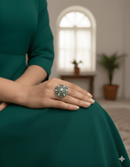 Handcrafted mandala statement ring worn by model for elegant ethnic styling