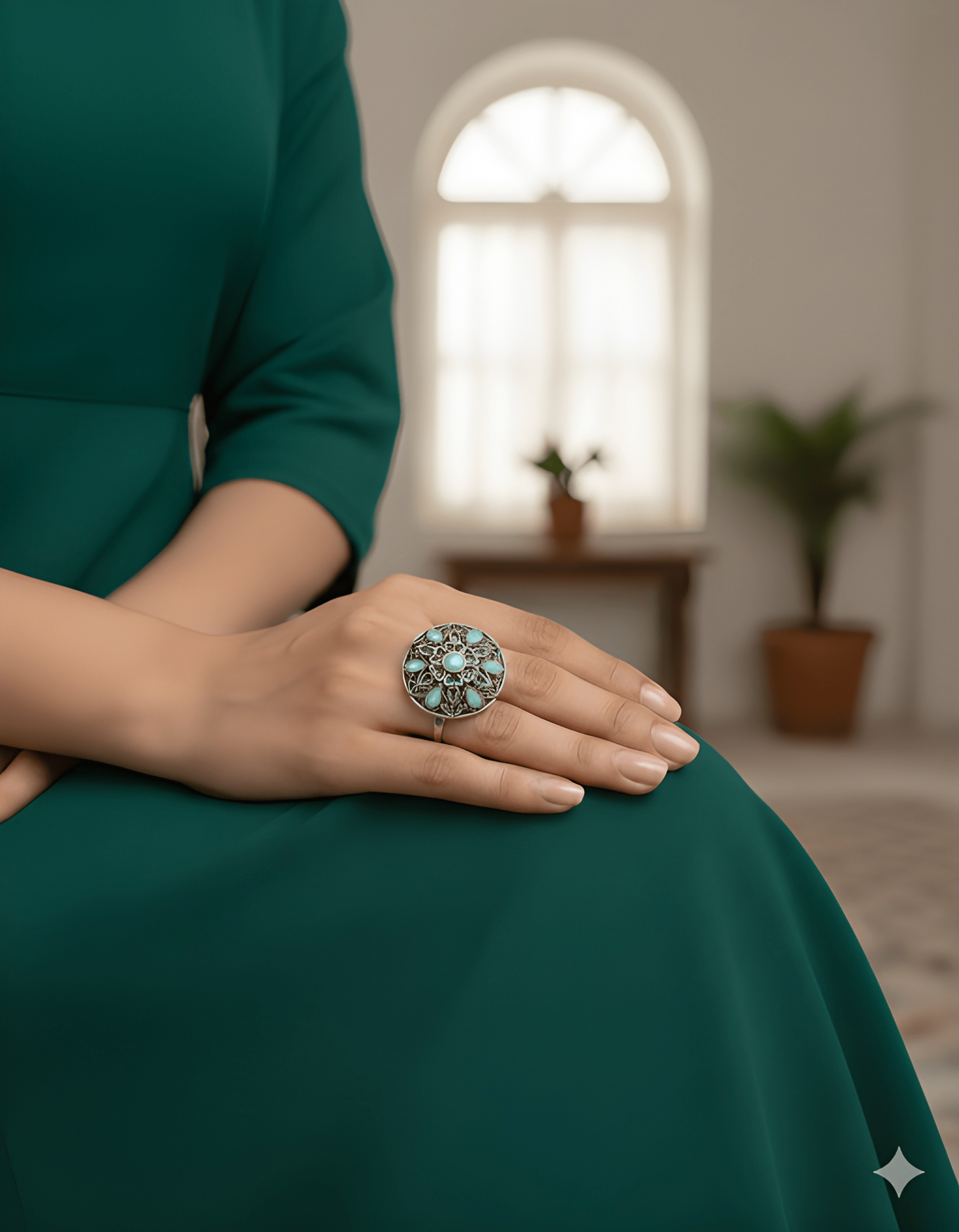 Handcrafted mandala statement ring worn by model for elegant ethnic styling