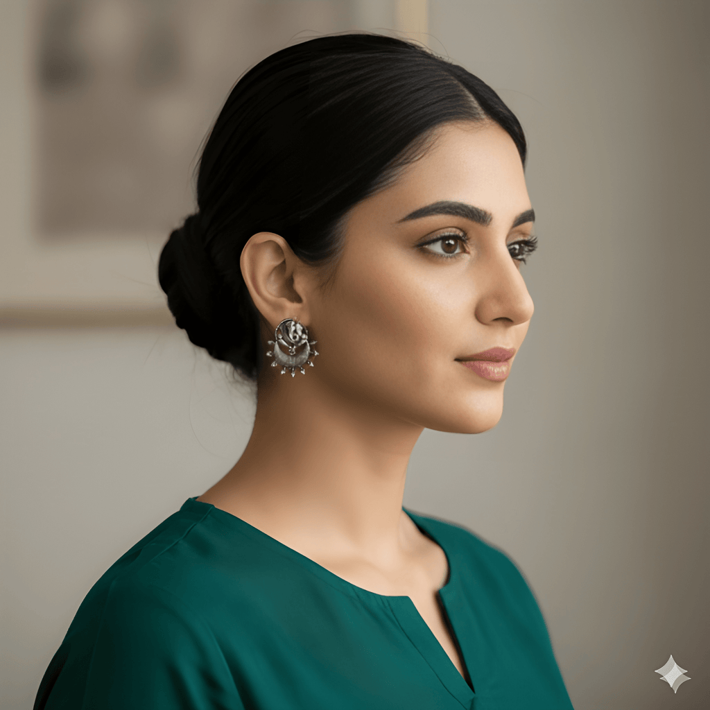 Woman wearing Ganesh stud earrings in oxidised silver finish
