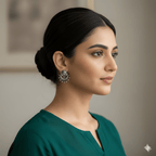 Woman wearing Ganesh stud earrings in oxidised silver finish
