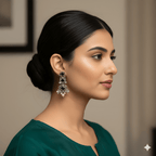 Woman wearing traditional chandelier dangler earrings for festive styling
