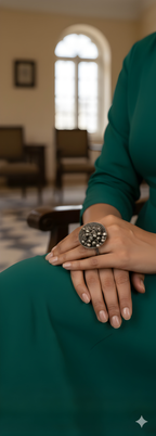 Oxidised silver ghungroo statement ring worn with elegant ethnic outfit