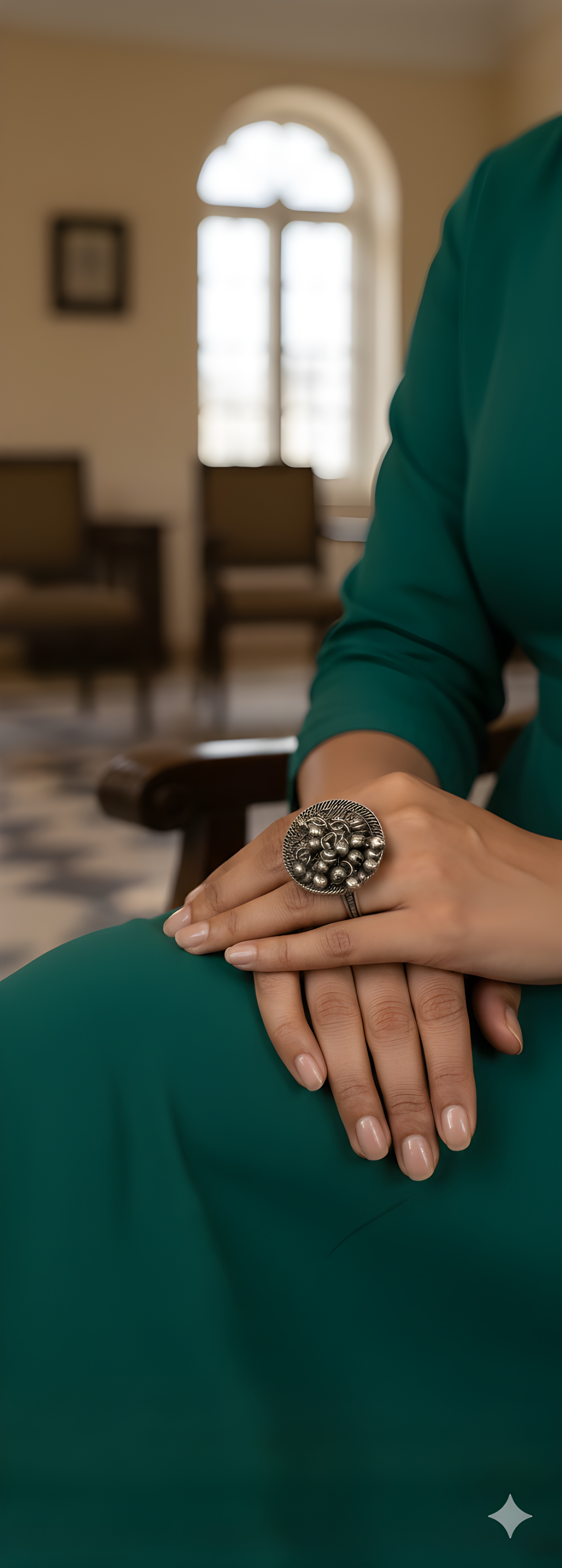 Oxidised silver ghungroo statement ring worn with elegant ethnic outfit