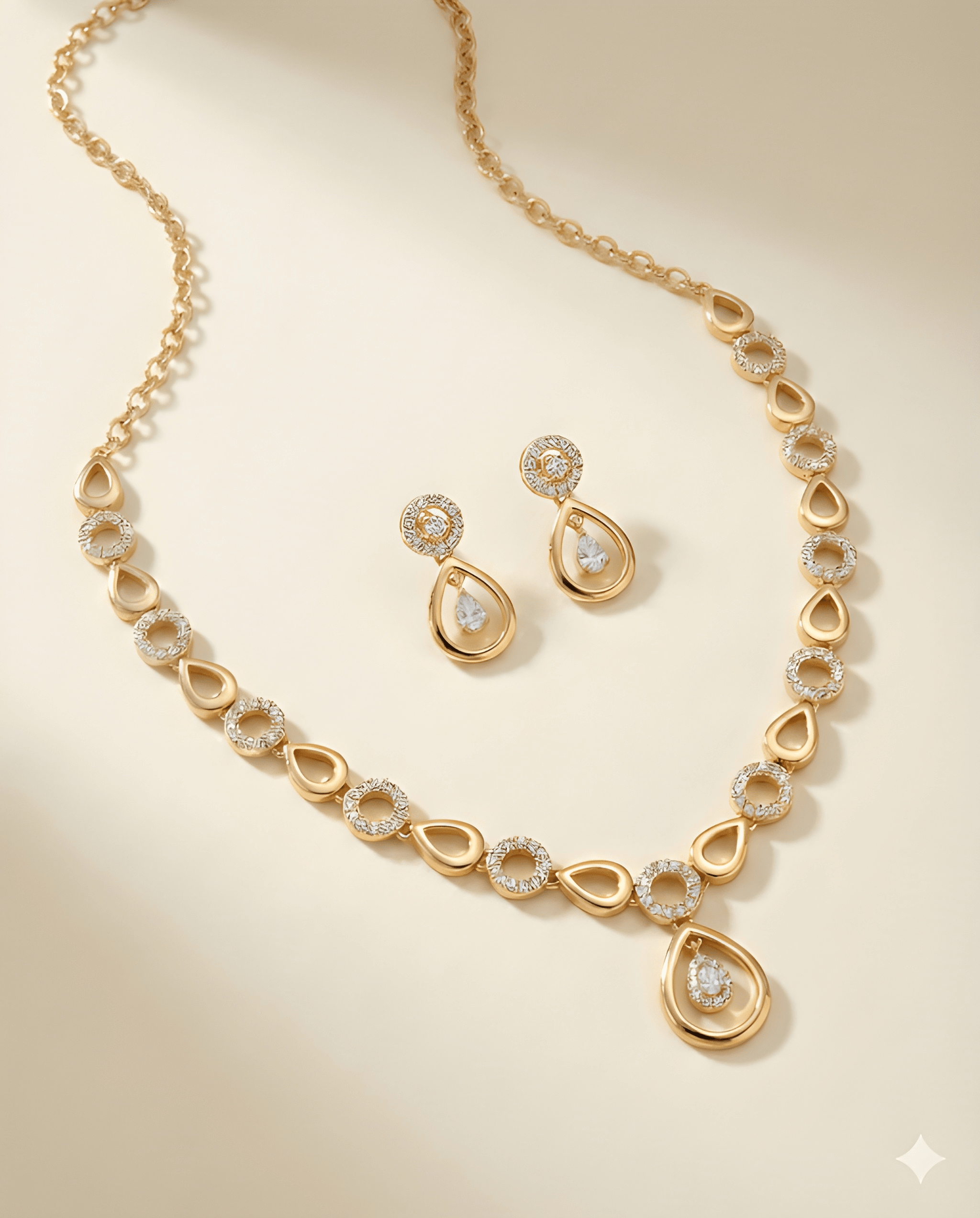 Seraphina pear crystal necklace set with matching earrings flat lay