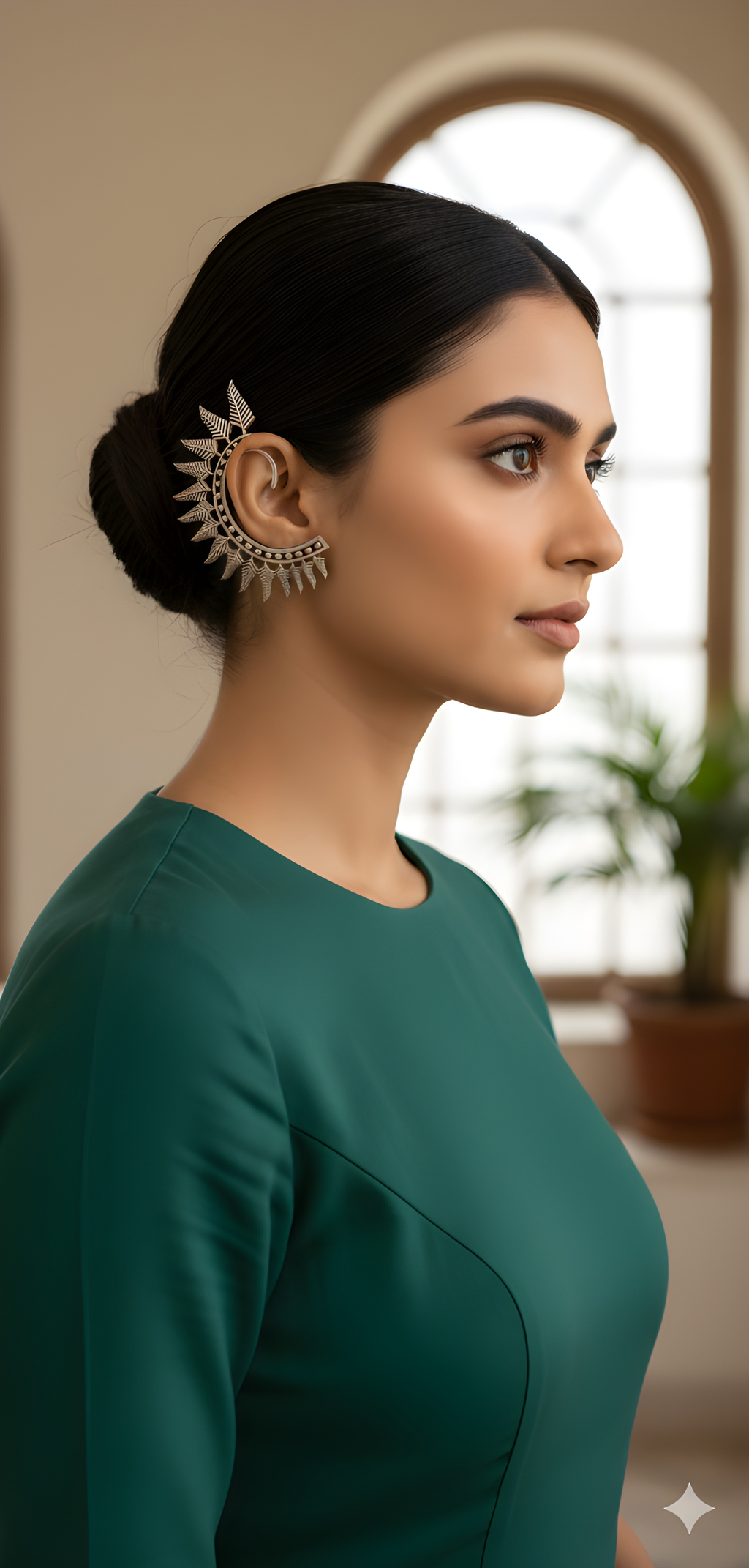Oxidised leaf ear cuff worn for contemporary ethnic styling
