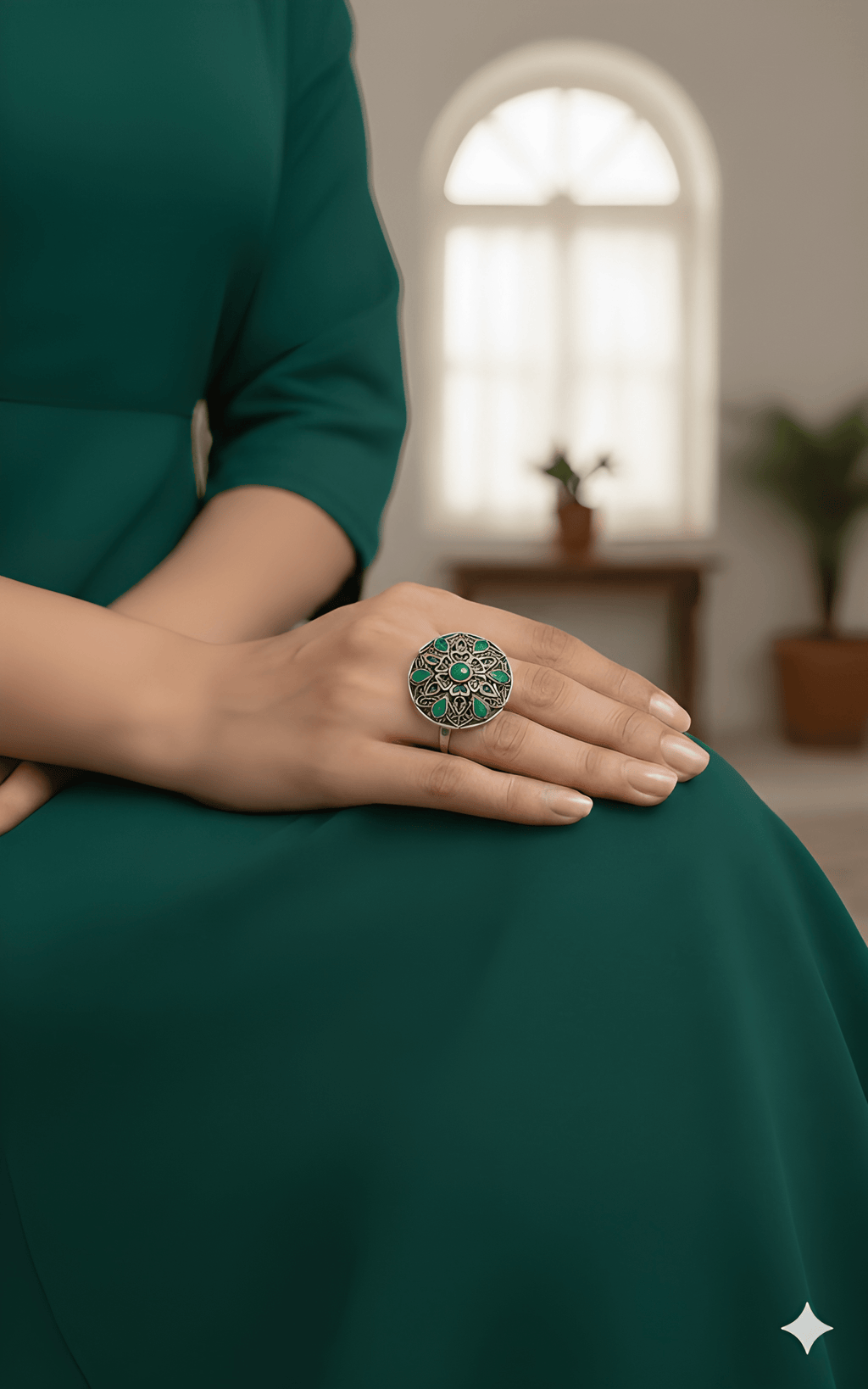 Handcrafted mandala statement ring worn by model for elegant ethnic styling