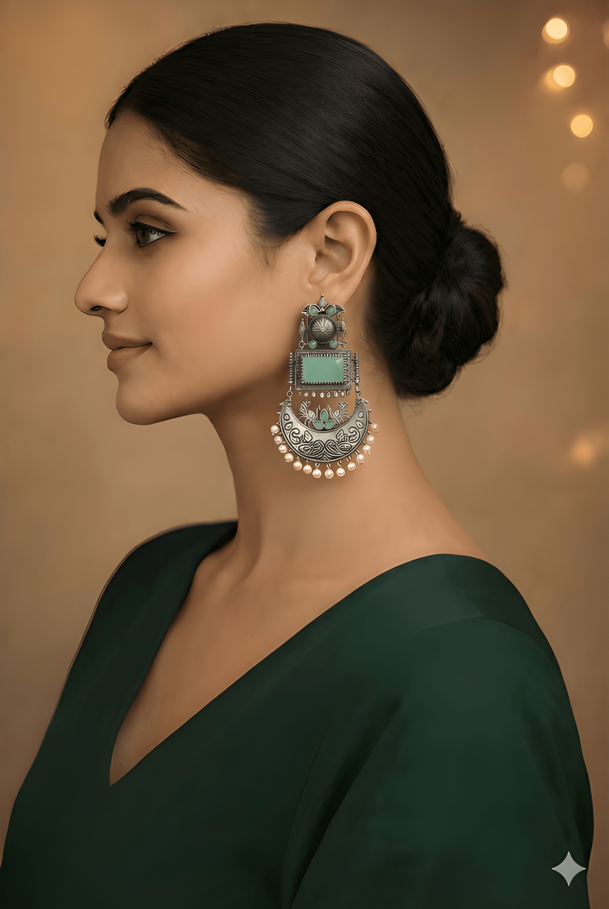 Woman wearing Monalisa stone silver statement earrings | Color: Mint
