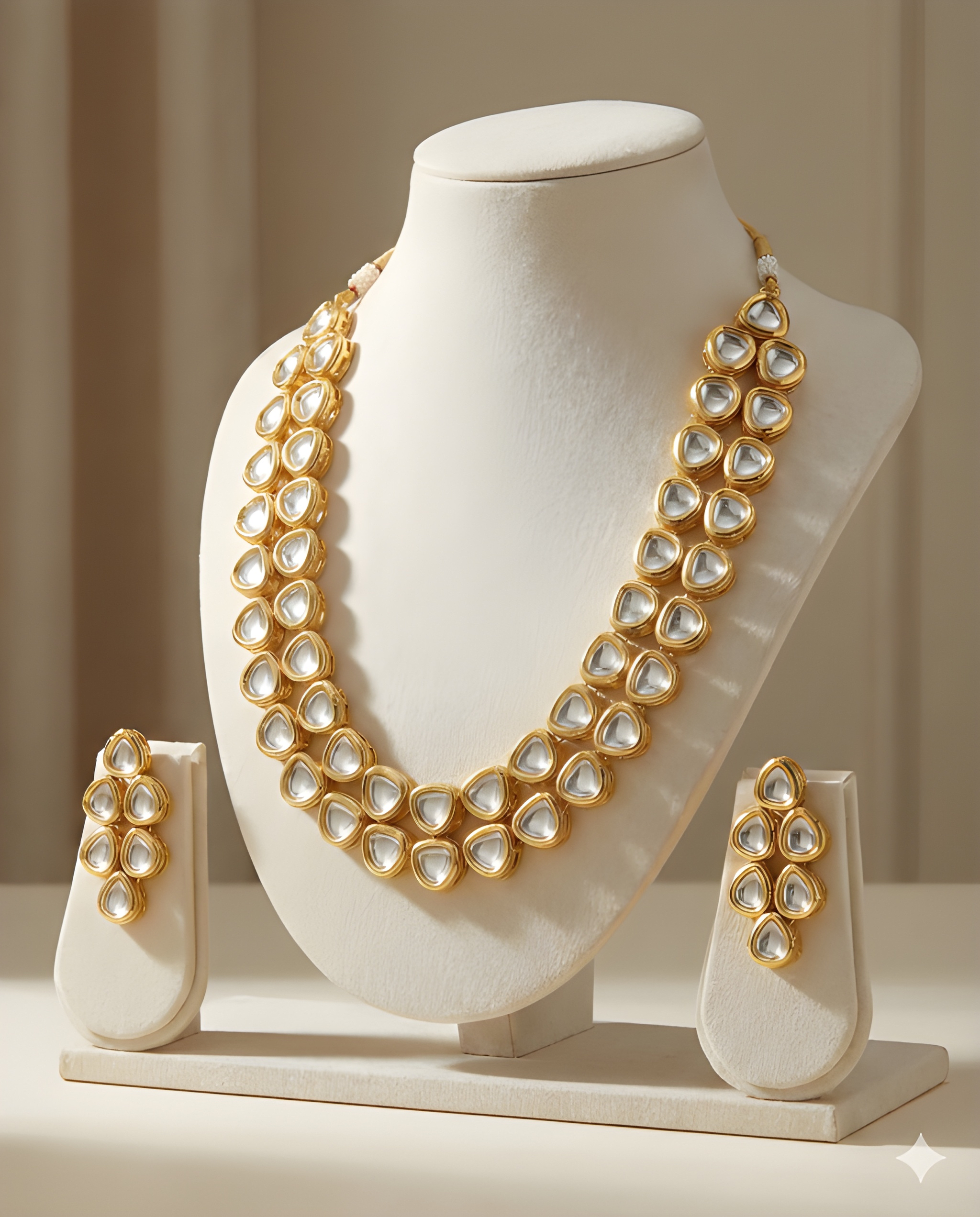 Gold Kundan necklace set with pear-shaped stones on bust stand