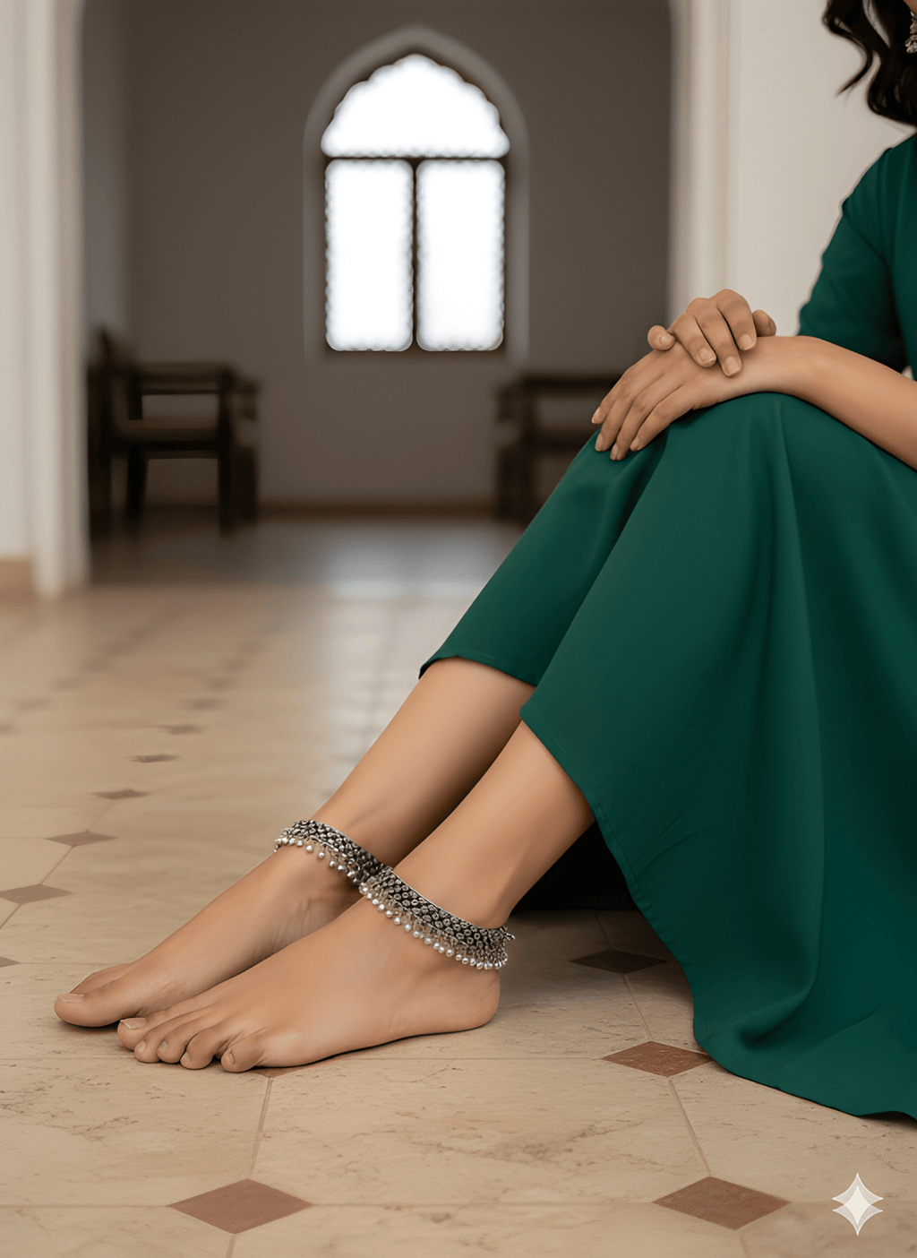 Spacing karigari oxidised silver anklet worn for elegant ethnic styling

