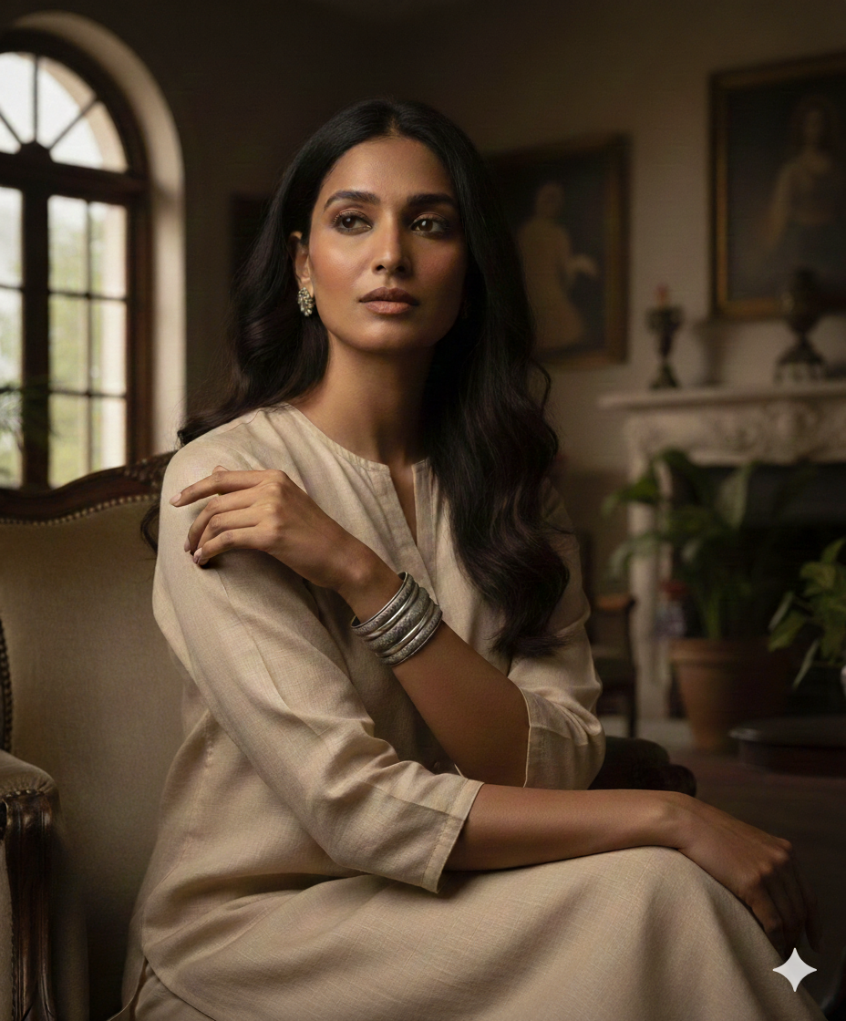 Handcrafted engraved oxidised silver cuff bracelet worn on wrist for elegant and festive styling
