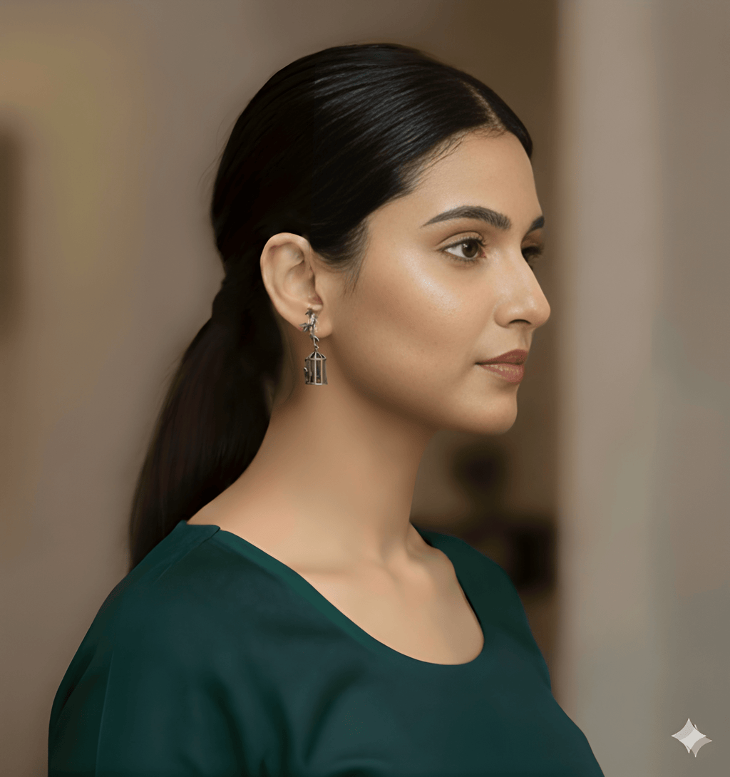 Woman wearing artistic birdcage drop earrings with vine design
