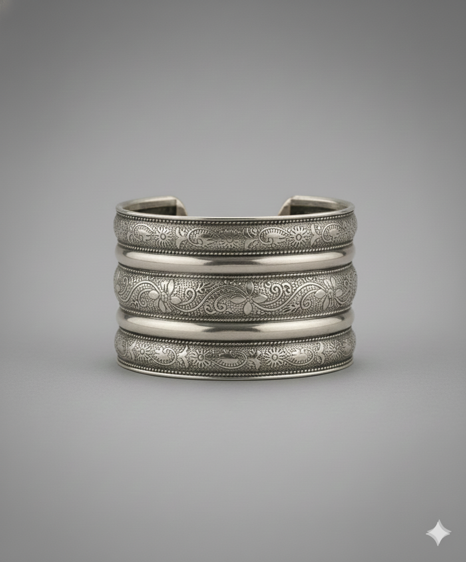Close-up of intricate engraved craftsmanship on handcrafted oxidised silver cuff bracelet
