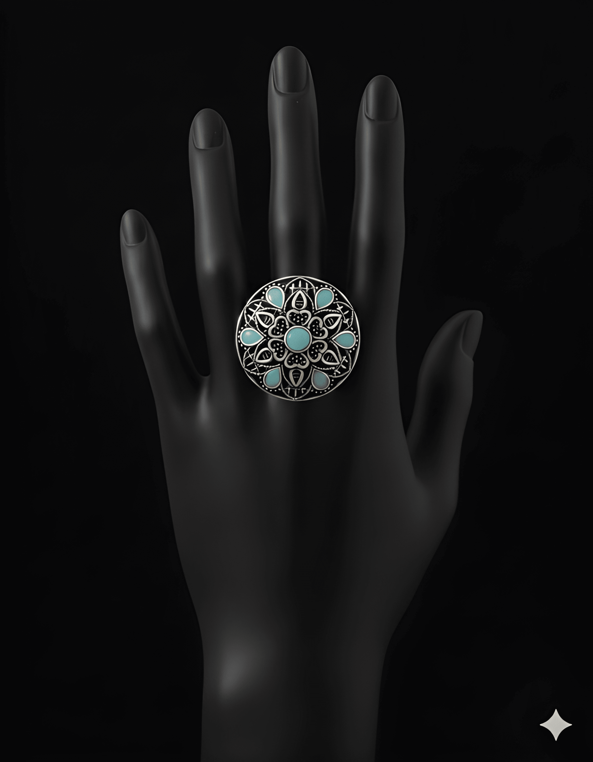 Handcrafted mandala stone statement ring with intricate detailing on black hand display