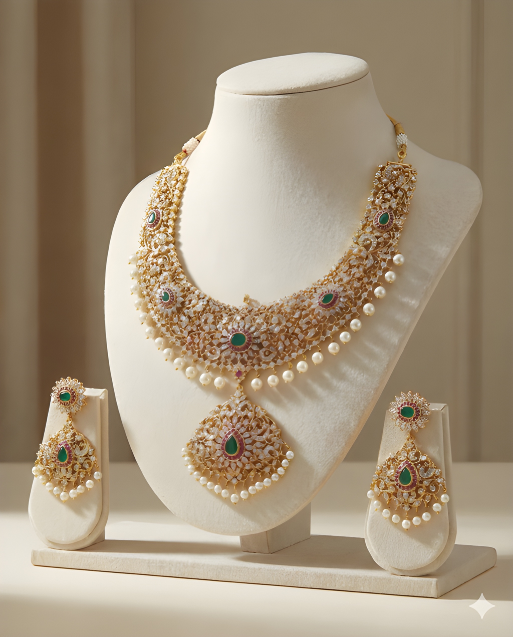 Emerald and pearl Kundan necklace set on ivory bust stand