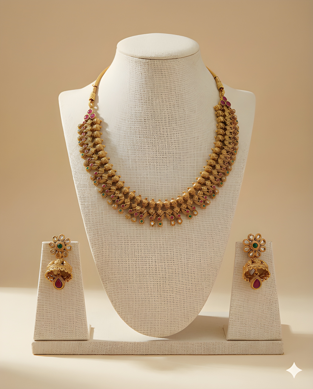 Temple style gold necklace set with ruby and emerald stones on bust stand