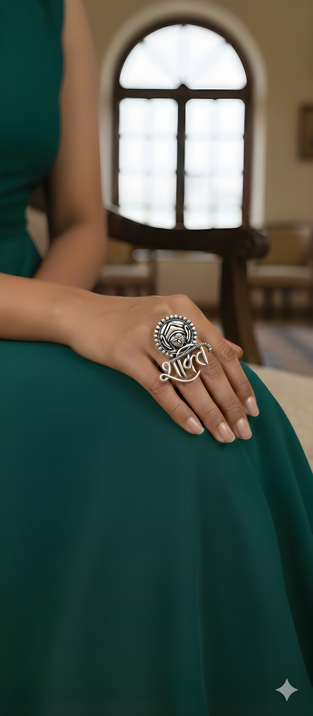 Shakti motif oxidised silver statement ring styled with elegant ethnic outfit
