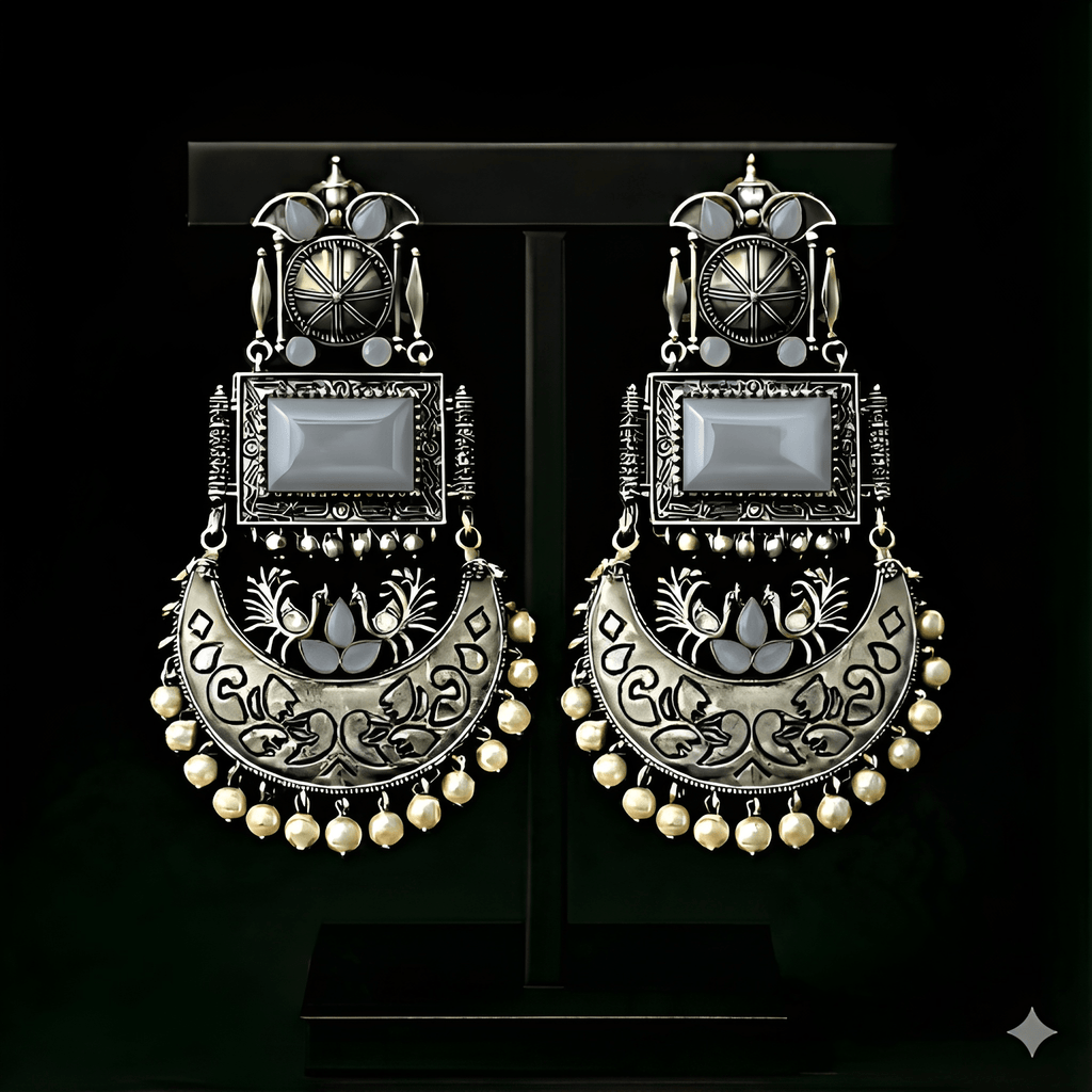 Monalisa stone oxidised silver earrings displayed on black stand | Color: Grey
