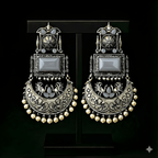 Monalisa stone oxidised silver earrings displayed on black stand | Color: Grey
