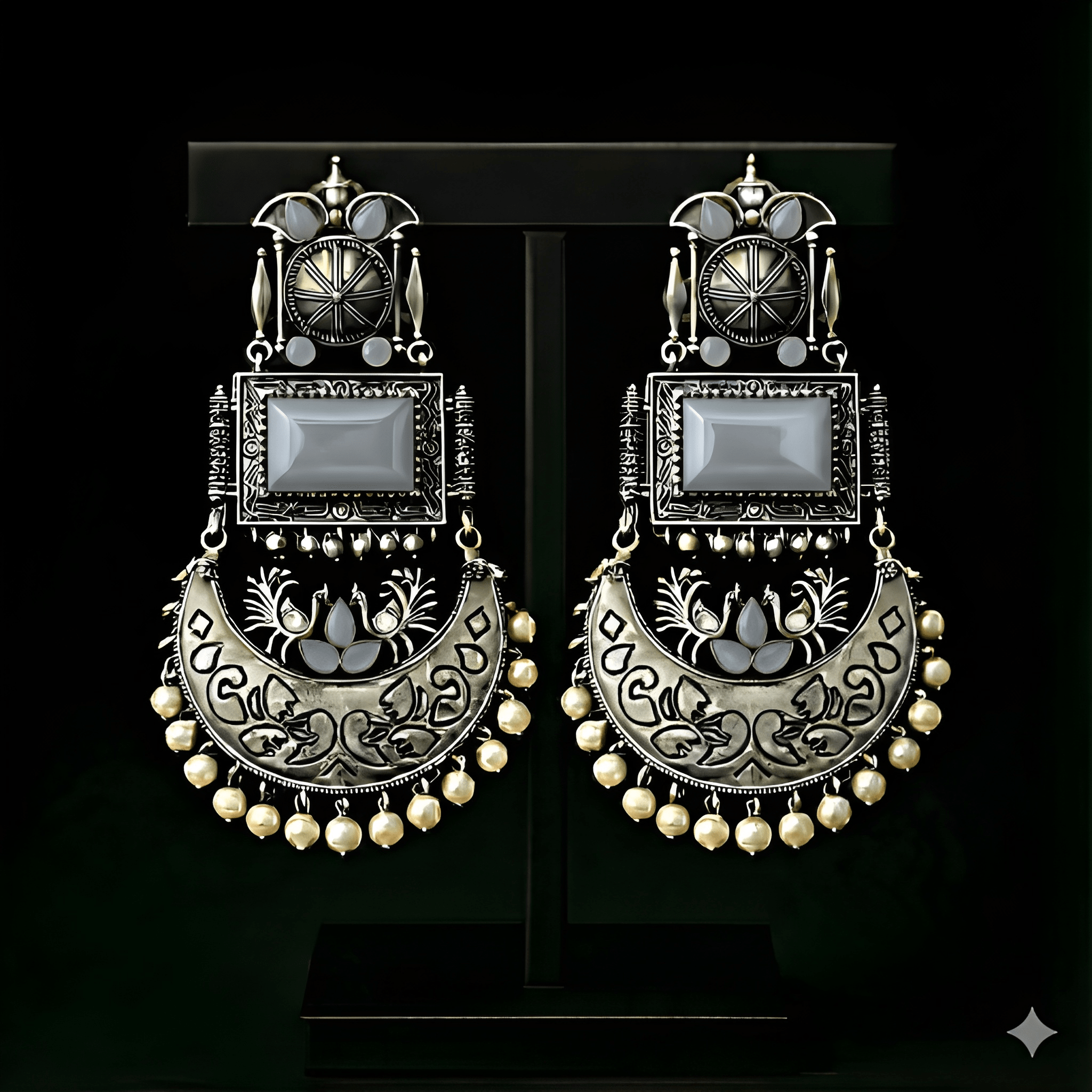 Monalisa stone oxidised silver earrings displayed on black stand | Color: Grey
