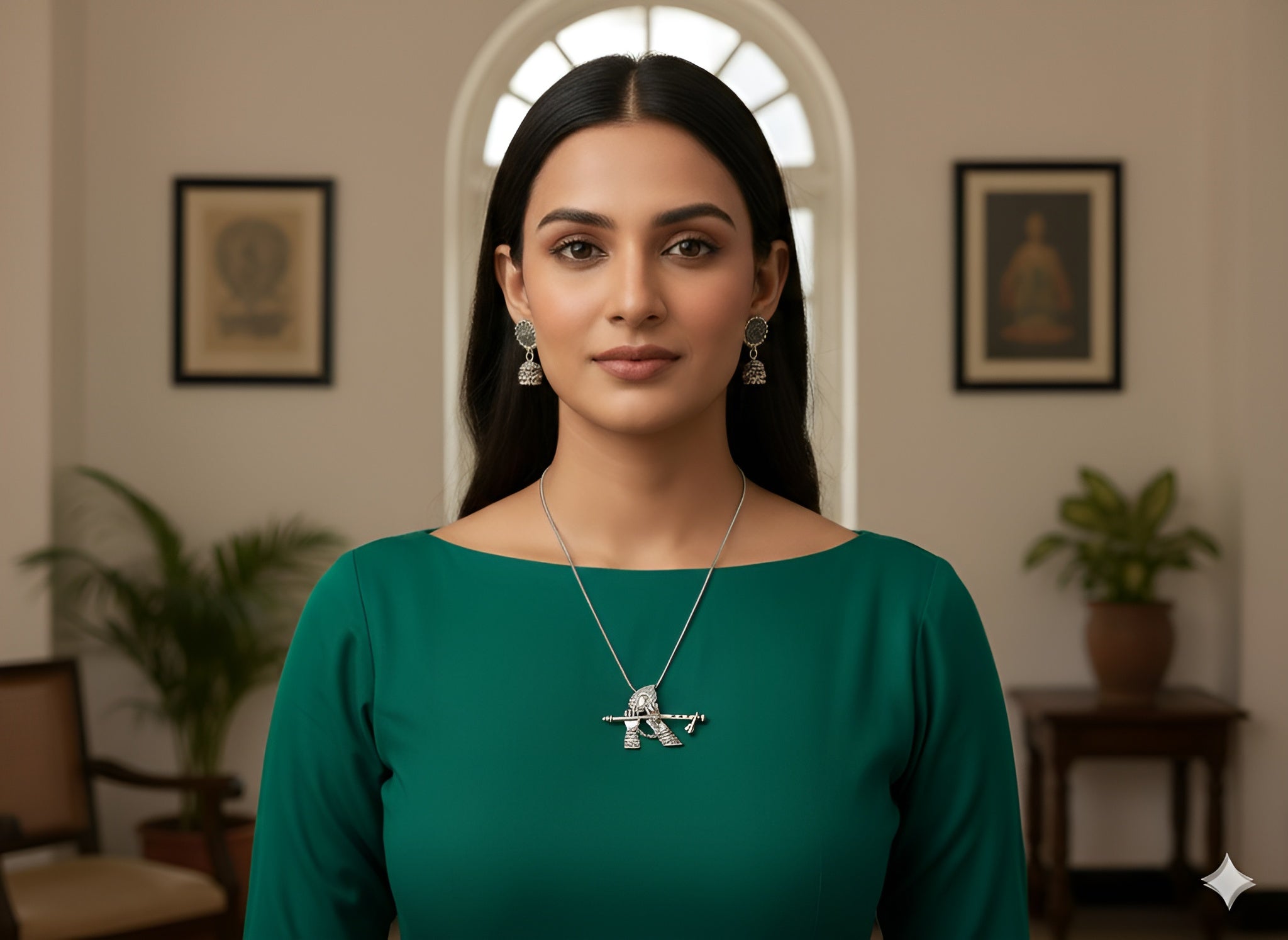 Woman wearing handcrafted oxidised silver Krishna pendant neckpiece