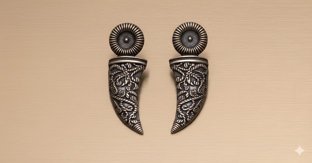 Carved dagger drop earrings with engraved detailing in oxidised silver finish
