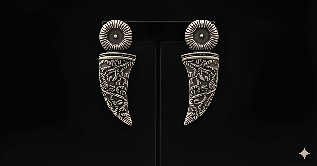 Oxidised silver carved dagger drop earrings displayed on black stand

