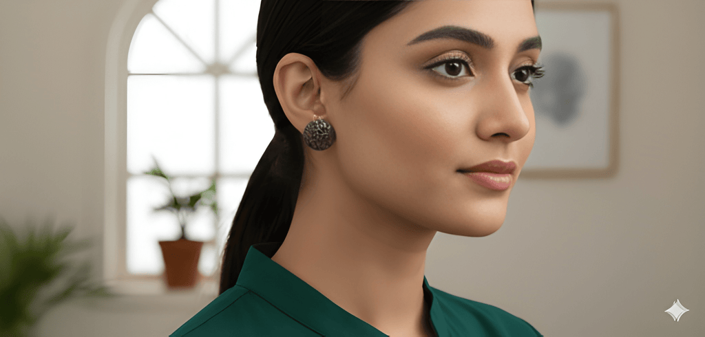 Botanical oxidised filigree stud earrings worn for everyday styling
