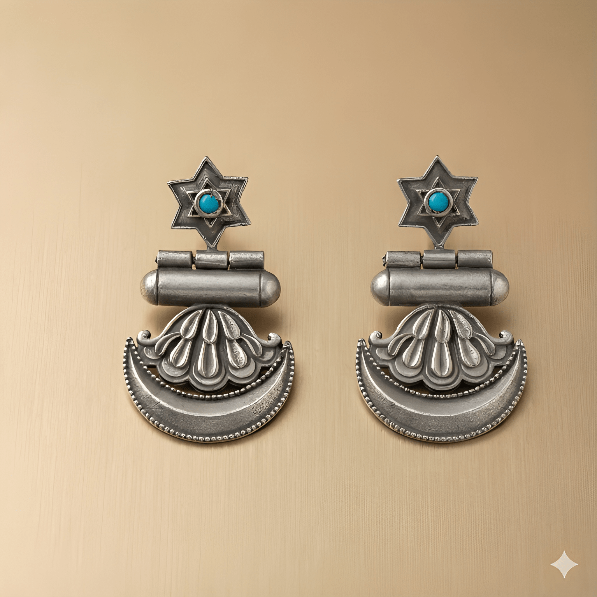 Star crescent oxidised silver dangler earrings with engraved crescent drop
