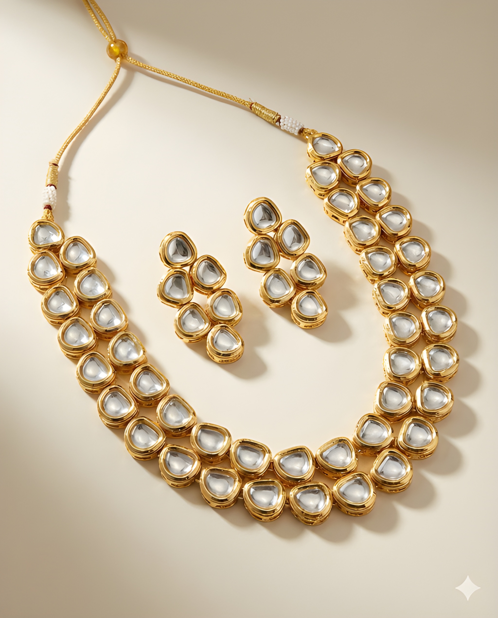 Traditional gold Kundan necklace set with matching earrings flat lay