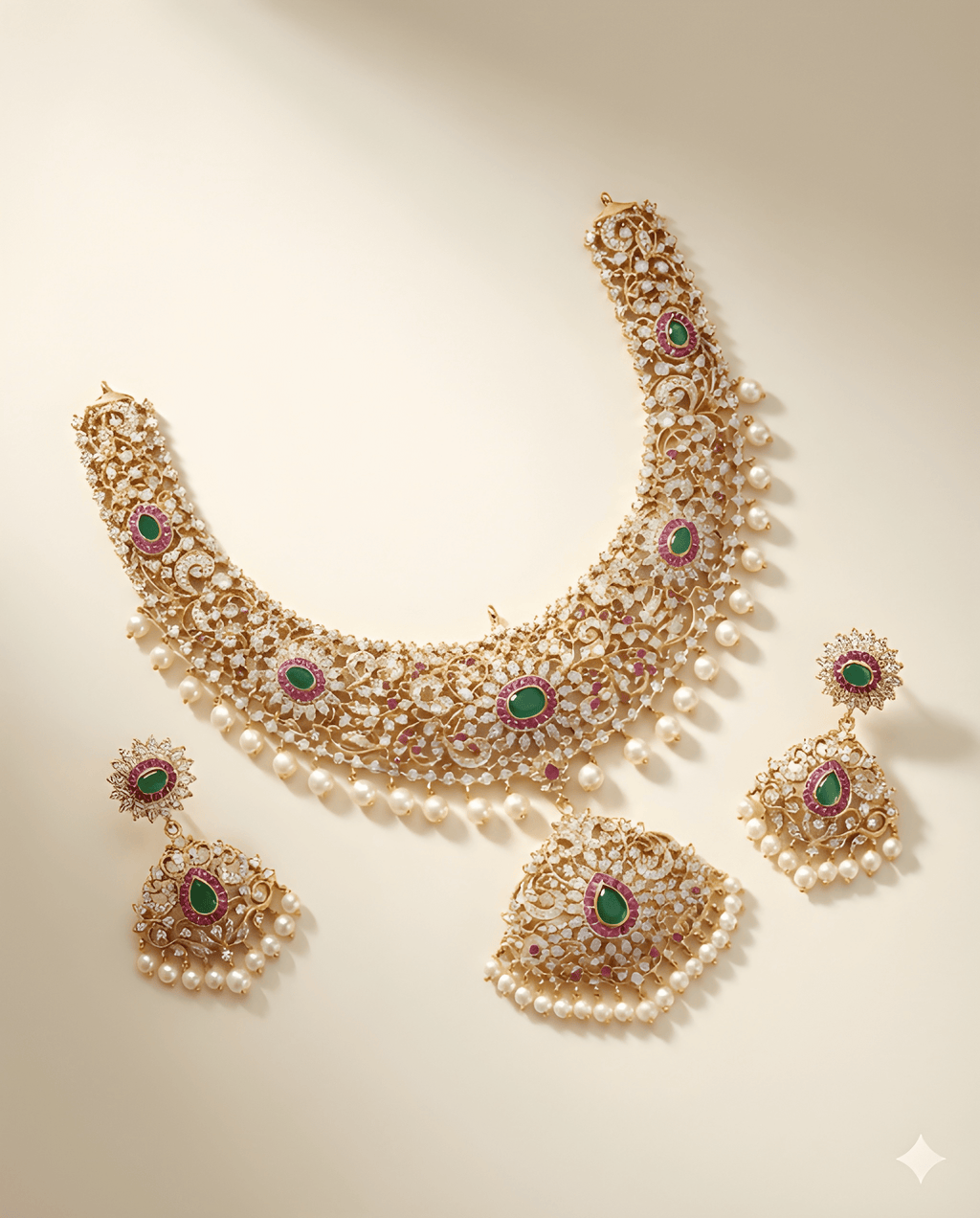 Royal emerald Kundan bridal necklace set with matching earrings flat lay